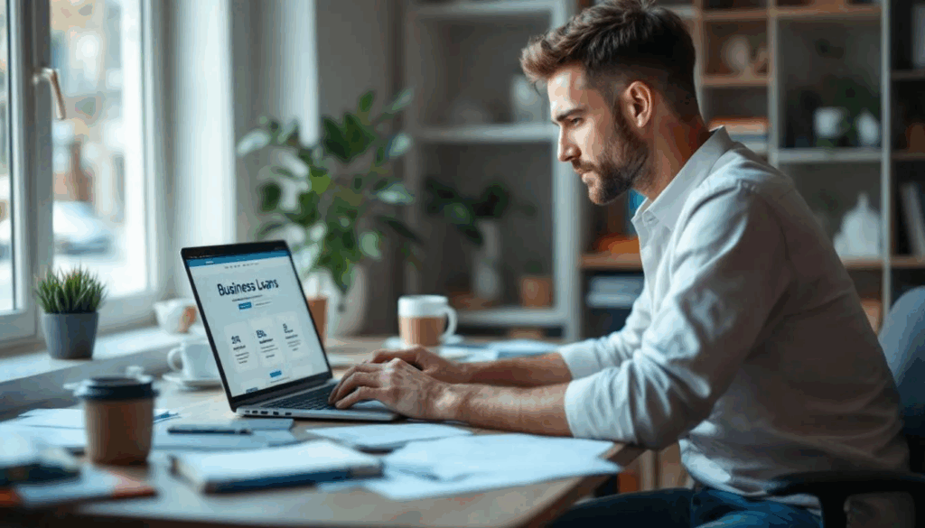 Best No Credit Check Business Loans - A small business owner sits at a desk, intently researching various no credit check business loans online, exploring options to secure funding without the need for a credit check. The screen displays information about different business financing options, including traditional loans and merchant cash advances, highlighting the importance of understanding credit scores and business credit history.