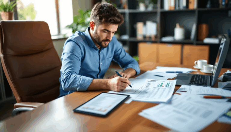 Equipment Financing Lenders - A small business owner is sitting at a desk, reviewing various equipment financing options from different lenders to find the best equipment loans for their business needs. They are comparing terms such as payment requirements, interest rates, and loan terms to ensure their business operations run smoothly.