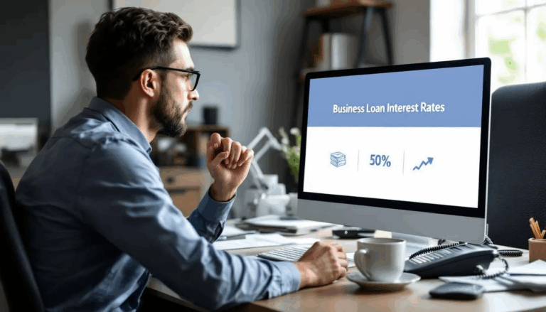 Understanding Business Loan Interest Rates - A small business owner is focused on researching business loan interest rates on a computer screen, which displays the title "Business Loan Interest Rates" at the top. Three icons illustrate key concepts: a stack of cash, a percentage symbol, and an upward arrow, representing the various financing options available for small businesses.