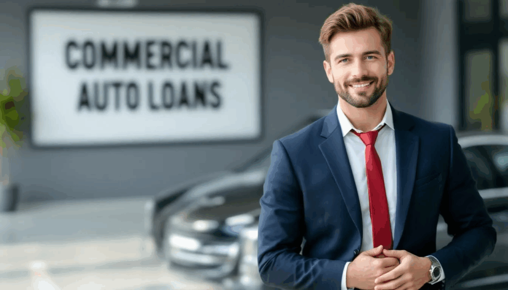 How to Get a Commercial Auto Loan - A confident small business owner stands proudly in front of a sedan, symbolizing success in securing a commercial auto loan. The image conveys the importance of understanding financing options and credit approval processes for purchasing both new and used business vehicles.