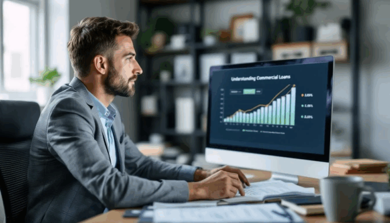 Understanding Commercial Loans - A small business owner is focused on their computer screen, analyzing a graph that illustrates cash flow for a business, alongside the heading "Understanding Commercial Loans." This image reflects the owner's quest for knowledge about commercial loans, essential for meeting their business needs and facilitating growth.