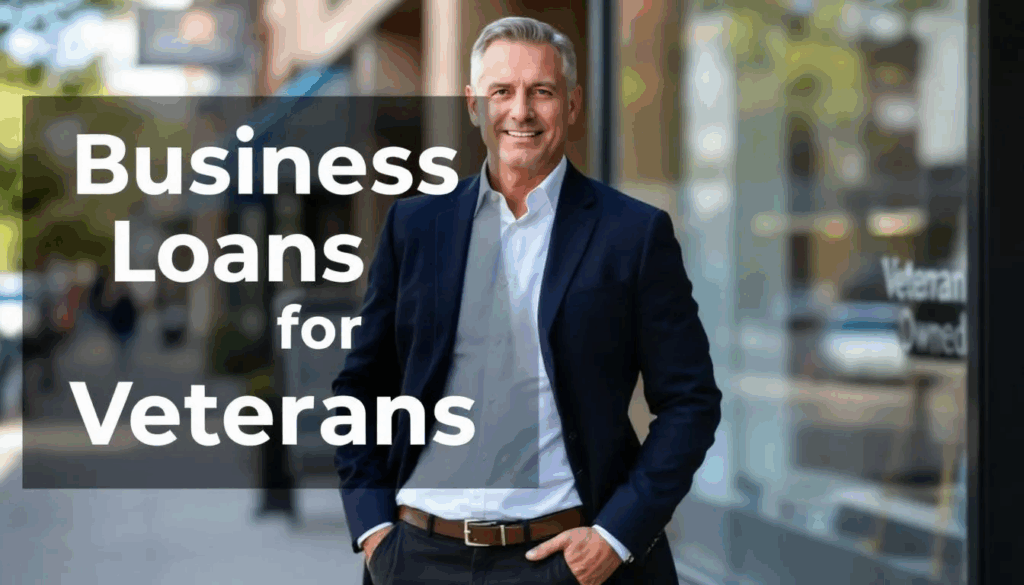 VA Small Business Loan Options - A confident military veteran and small business owner stands proudly, symbolizing success in entrepreneurship. The image features a transparent overlay with the title "Business Loans for Veterans," highlighting opportunities for veteran business owners seeking financial support through small business loans.