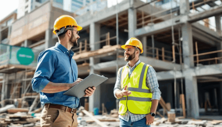 Best Commercial Construction Loans - In the image, a small business owner stands at a construction site alongside a contractor, with a new commercial building being constructed in the background. The scene reflects the ongoing construction projects that are essential for small businesses seeking commercial construction loans to finance their ventures.