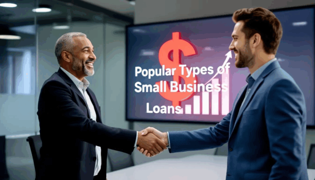 Popular Types of Loans - In the image, a small business owner is shaking hands with a business loan broker, symbolizing a successful partnership in securing financing options. Behind them, a large screen displays a dollar sign and an upward-trending chart, highlighting popular types of loans for small businesses.