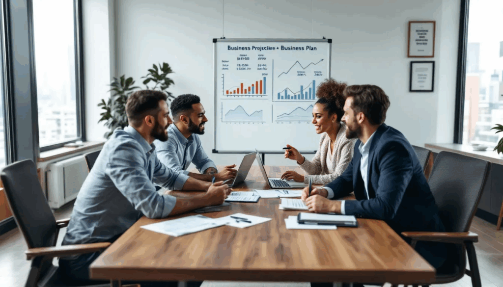 Can I Borrow Money From My LLC - In the image, a many small business owners are gathered around a table, discussing potential LLC business loan options. They are reviewing financial statements and considering the implications of borrowing money for their limited liability companies, while also contemplating the tax consequences and repayment terms associated with various loan amounts.