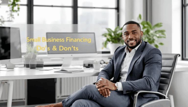 Do's and Don'ts of Financing Your Small Business - A confident small business owner sits in a well-decorated office, exuding success, while a transparent overlay displays the title "Small Business Financing Do's & Don'ts," highlighting key insights for financing your small business.