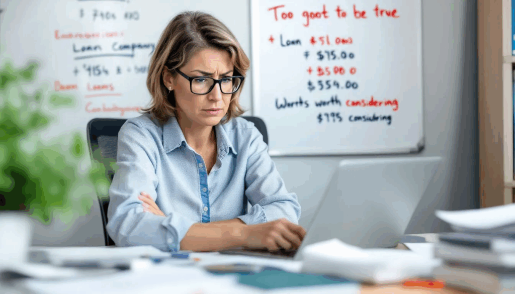 How to Check if a Business Loan Company is Legitimate - A small business owner is seated at a desk, reviewing documents and comparing loan companies to determine how to check if a business loan company is legitimate. The scene symbolizes the importance of vetting potential lenders, focusing on avoiding predatory loans and loan scams while seeking reputable lenders for business financing.