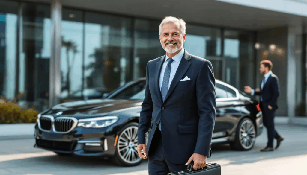 How to Lease a Car for Business - A business owner stands next to a leased vehicle, which is prominently displayed in the background, emphasizing the importance of leasing a car for business purposes to manage business expenses and facilitate travel. The scene highlights the benefits of lower monthly lease payments and potential tax advantages associated with business car leasing.