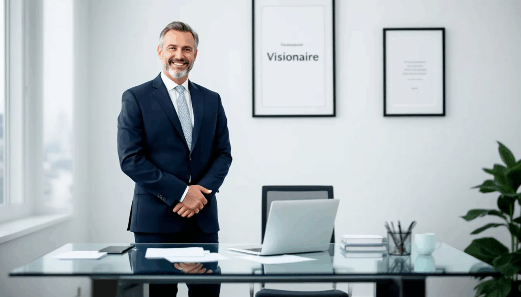 Small Business Owner Titles - An image of a thoughtful small business owner sitting at a desk, surrounded by notes and a laptop, as they consider various owner titles such as "CEO" and "Managing Partner" to effectively convey their role to potential clients and partners, while aligning with their company's goals and culture. The owner is reflecting on how the right business owner title can impact decision-making and business development strategies.