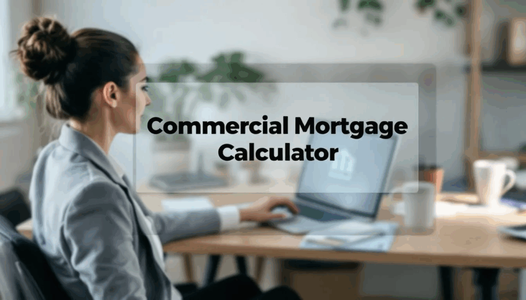 Commercial Mortgage Calculator - A small business owner is focused on a computer screen displaying icons for an office building and a calculator, while a transparent overlay reads “Commercial Mortgage Calculator” in bold black text. This image symbolizes her consideration of a commercial mortgage and the financial calculations involved, such as monthly payments and loan amounts.