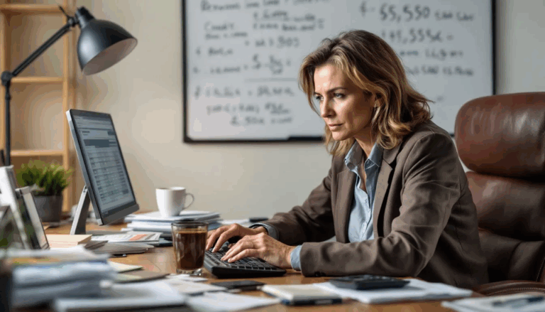 How to Calculate Interest on a Revolving Line of Credit - A business owner is seated at a desk, using a credit calculator to calculate interest on a revolving line of credit, surrounded by financial documents and a laptop. The scene illustrates the process of how to calculate interest on a revolving line of credit.