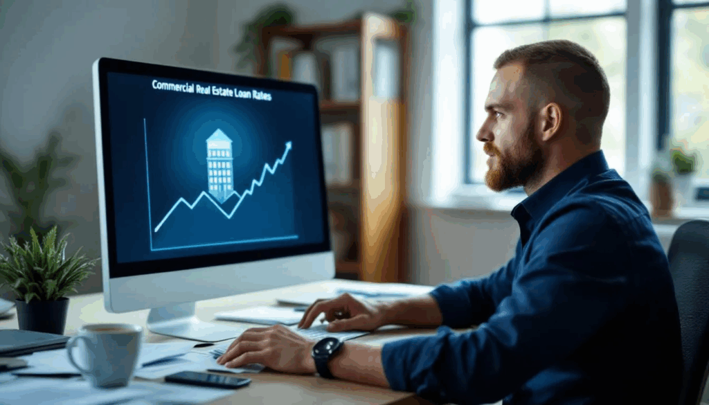 Commercial Real Estate Loan Rates - A small business owner is intently gazing at a computer screen displaying an icon of an office building alongside a line graph. The screen prominently features the heading "Commercial Real Estate Loan Rates," indicating a focus on financing options for commercial properties.
