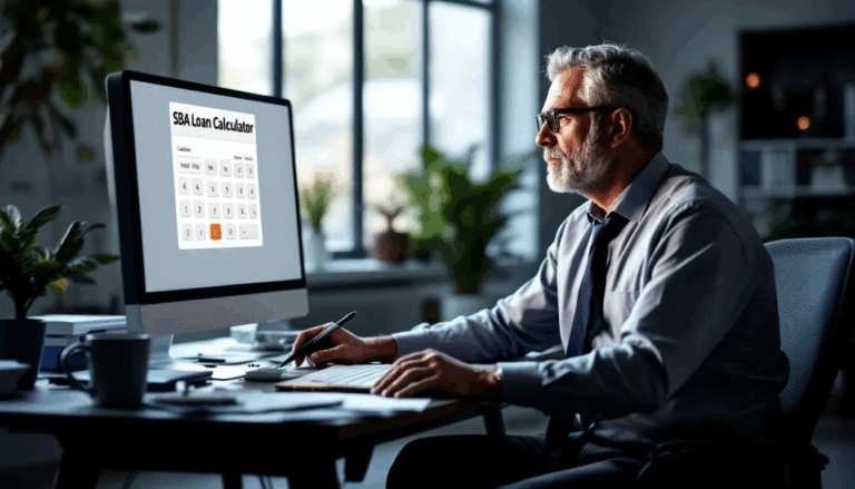 SBA Loan Calculator - In the image, a business owner is intently focused on a computer screen displaying the words "SBA Loan Calculator," accompanied by a graphic of a calculator. This scene illustrates the process of determining the costs associated with SBA loans, including loan amounts, interest rates, and repayment terms for small businesses.