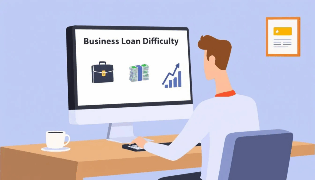 How Hard Is It to Get a Business Loan - A small business owner is focused on a computer screen displaying icons representing a briefcase for business, a stack of cash symbolizing a loan, and an upward arrow. The screen is titled "Business Loan Difficulty," illustrating the challenges of obtaining financing options like small business loans and the impact of credit scores on approval rates and the title question "How hard is it to get a business loan?".
