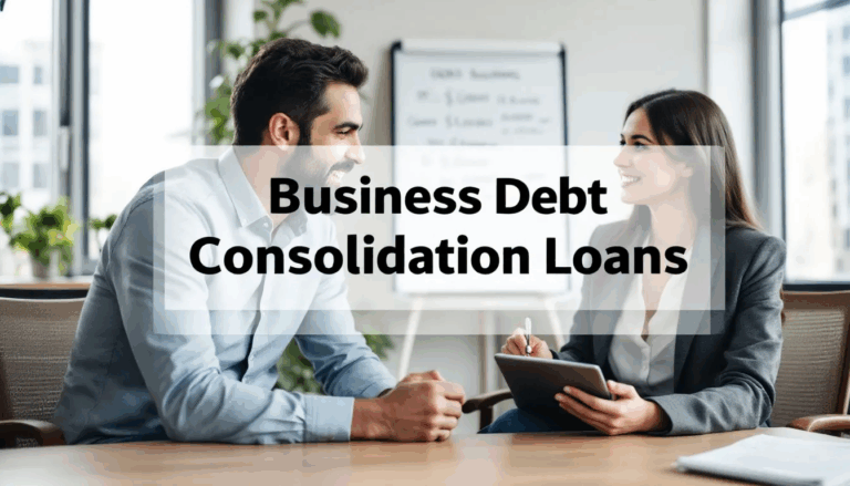 How to Consolidate Business Debt with a Loan - In the image, a small business owner is engaged in a discussion with a business loan broker about options for consolidating business debt. A transparent overlay displays the title “Business Debt Consolidation Loans,” emphasizing the focus on finding solutions to improve cash flow and manage multiple payments.