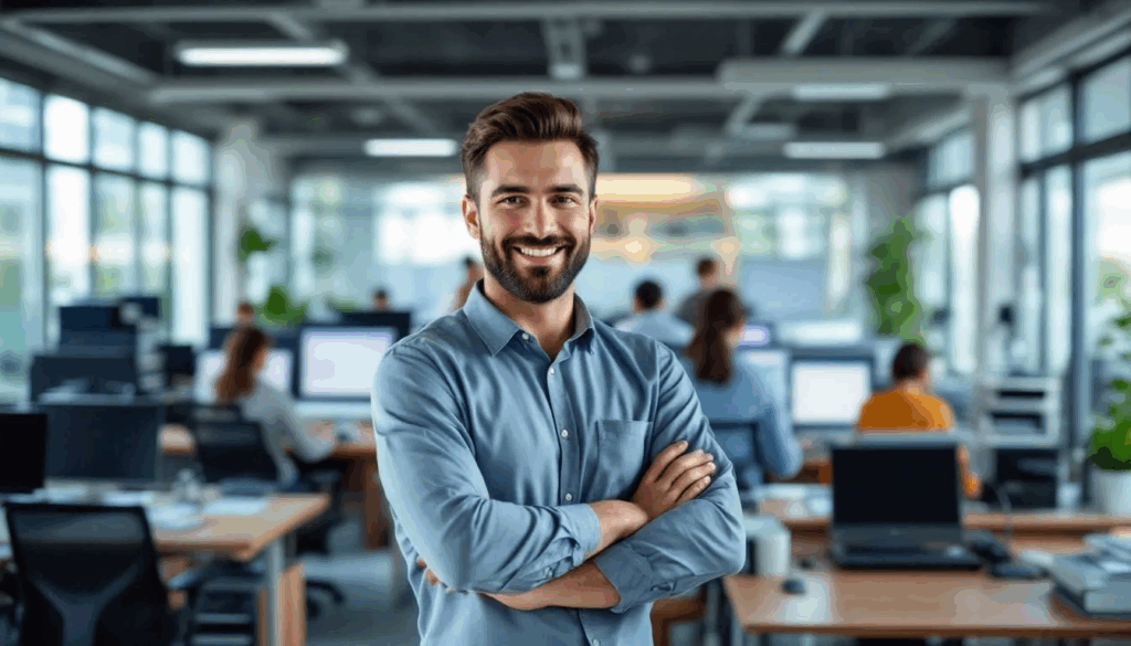 Office Equipment Financing - In a bustling office environment, a small business owner interacts with in-house staff who are utilizing various office equipment and furniture, highlighting the advantages of office equipment financing. The scene emphasizes the importance of financing solutions that allow business owners to manage their equipment needs effectively through flexible terms and manageable monthly payments.