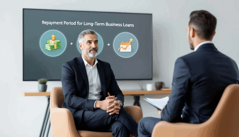 Repayment Period for Long-Term Business Loans - In the image, a small business owner is engaged in a discussion with a business loan broker, with a screen displaying icons representing a stack of cash, a calendar, and an upward arrow in the background. The transparent overlay features the title "Repayment Period for Long-Term Business Loans," highlighting important aspects of business financing such as loan amounts and monthly payments.