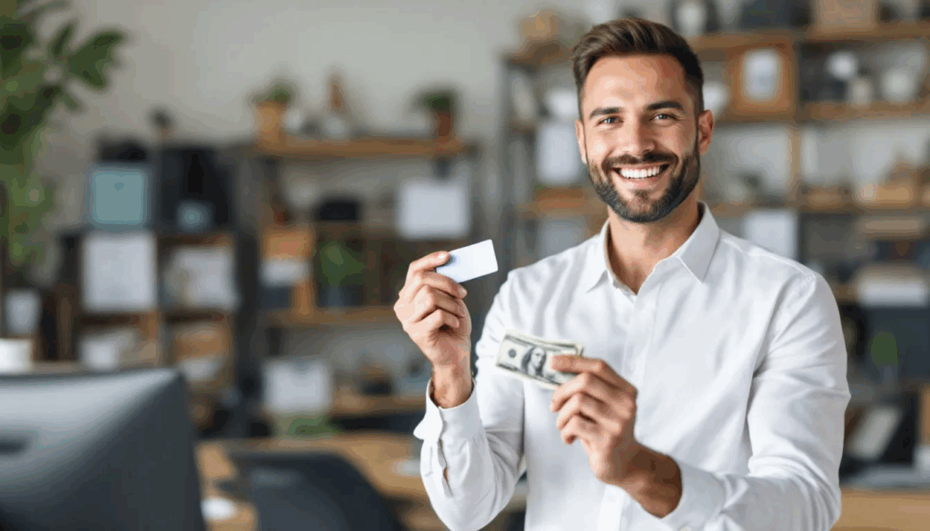 How to Liquidate Business Credit Cards - The image depicts a small business owner confidently holding a business credit card, symbolizing the process of business credit card liquidation. This metaphor illustrates how to turn credit into quick cash, highlighting the potential benefits and strategies for managing business finances effectively.