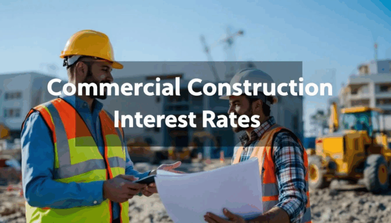 Commercial Construction Loan Interest Rates - A small business owner stands on a commercial construction site, engaged in a discussion with a contractor while a work crew operates heavy equipment in the background. The image features a transparent overlay displaying the title "Commercial Construction Loan Interest Rates," highlighting the importance of understanding construction loan rates during the construction process.