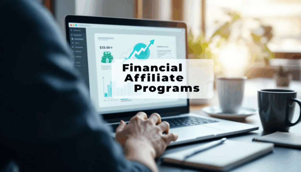 Financial Affiliate Programs - In the image, an affiliate marketer is seen engaged in research on profitable affiliate programs, with a computer screen displaying an icon of a stack of cash and an upward arrow. A transparent overlay in the center reads “Financial Affiliate Programs” in bold black text, emphasizing the focus on funding solutions and business loan opportunities for potential borrowers.