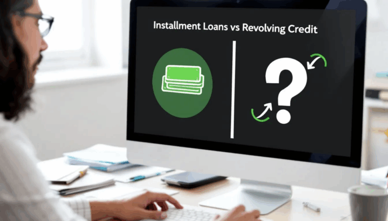 Is a Small Business Loan Installment or Revolving Credit - In the image, a small business owner is seated at a desk, intently studying a computer screen that displays two icons: a stack of cash representing an installment loan on the left, and a US dollar sign with arrows indicating revolving credit on the right. The title "Installment Loans vs Revolving Credit" is prominently displayed above the icons, highlighting the key differences in small business loan options.