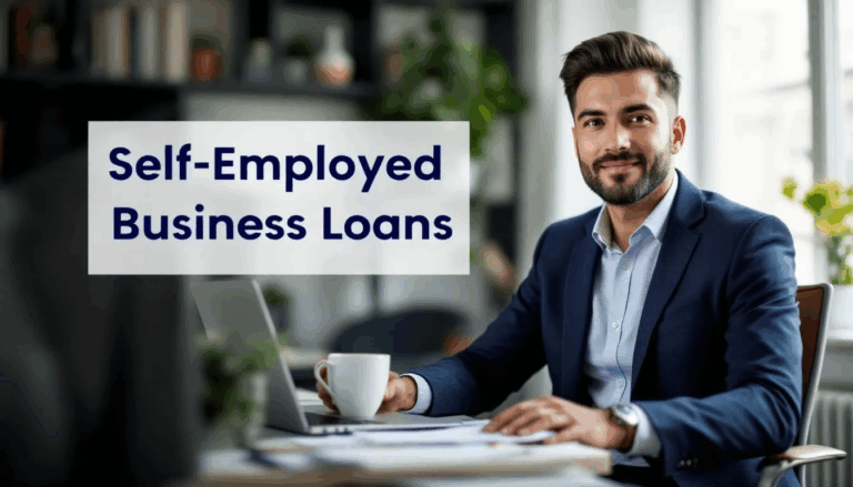 Self-Employed Small Business Loans - A self-employed freelancer confidently gazes into the camera from their home office, exuding success. The image features a transparent overlay with the title "Self-Employed Business Loans," highlighting options like SBA loans and business financing for self-employed individuals.
