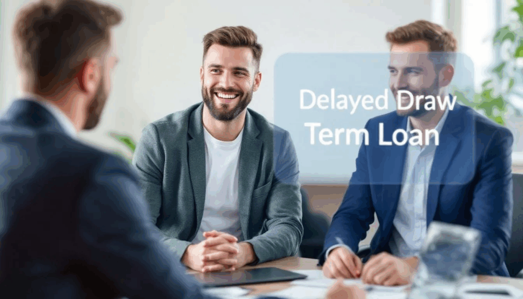 What Is a Delayed Draw Term Loan - A small business owner appears happy and relaxed while discussing financing options with a broker, with a transparent overlay titled "Delayed Draw Term Loan Explained." The image highlights the concept of delayed draw term loans, emphasizing the flexibility of accessing funds and managing interest payments over time.