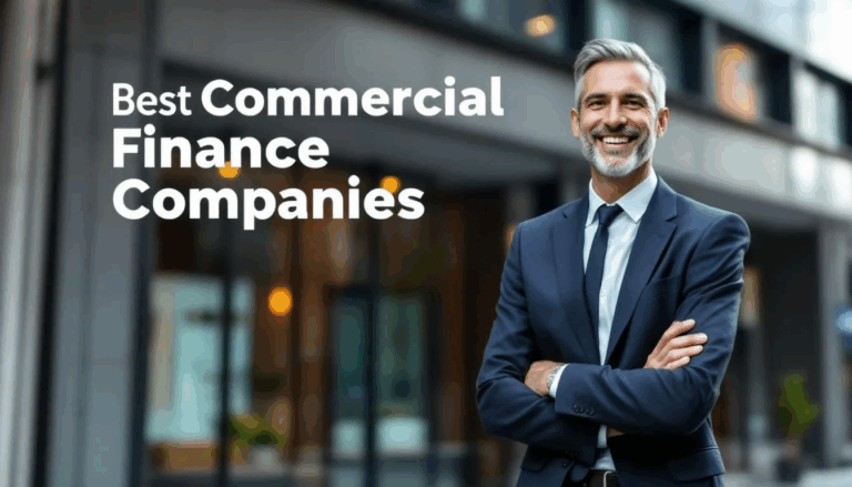 Best Commercial Finance Companies - A small business owner stands confidently on the street, smiling at the camera with a bank facade in the background, symbolizing success and growth. The image features a transparent overlay with the title "Best Commercial Finance Companies," highlighting the importance of financial solutions for small business owners to manage challenges and expand their ventures.