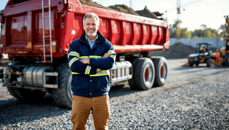 How to Finance a Dump Truck for Small Business - A confident dump truck driver stands proudly in front of his new dump truck, embodying success in the construction industry. The image captures the essence of how financing a dump truck can empower new businesses to thrive with flexible loan terms and competitive rates.
