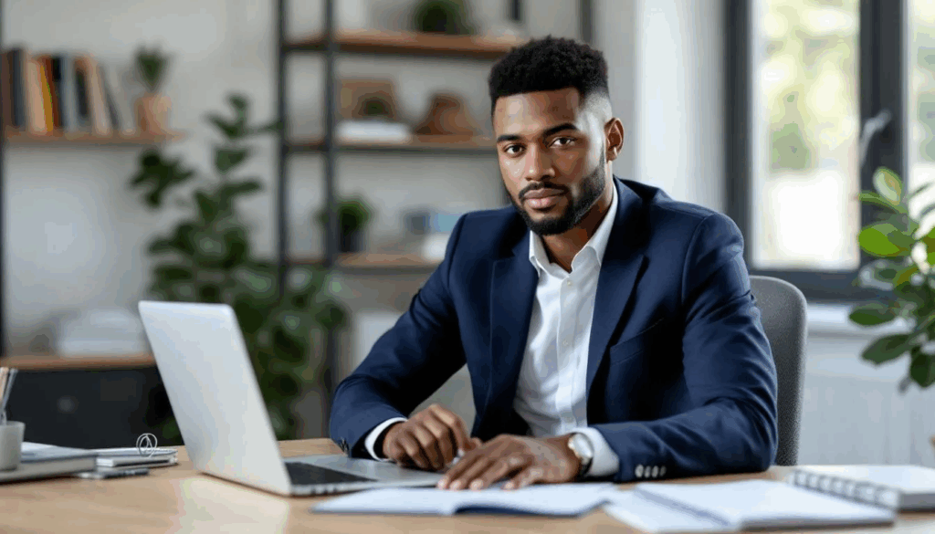 SBA Loan Options for Self-Employed - An independent contractor appears confident and successful while researching various SBA loan options for self-employed business owners. The scene captures the essence of small business administration resources, highlighting the importance of understanding business credit scores and loan programs available to support small businesses.