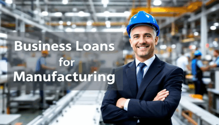Best Business Loans for Manufacturing - A confident manufacturing business owner wearing a hard hat stands on a bustling factory floor, symbolizing success and leadership in the manufacturing industry. The image features a transparent overlay with the title "Business Loans for Manufacturing," highlighting financing options available for small business owners to improve cash flow and secure funding for their operations.