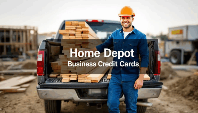 Home Depot Business Credit Card - A confident construction contractor stands in front of a pick-up truck filled with 2x4 lumber at a job site, showcasing his success in the business. The image features a transparent overlay with the title "Home Depot Business Credit Card," highlighting the benefits of managing business credit accounts and purchases efficiently.