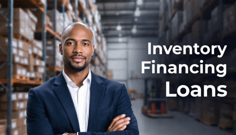 Inventory Financing Loans - A confident small business owner stands in a warehouse filled with high shelves of boxes, looking directly at the camera. The image features a transparent overlay with the title "Inventory Financing Loans," highlighting the importance of inventory loans for managing business expenses and cash flow.