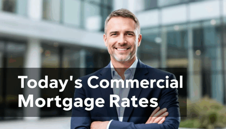 Understanding Today's Commercial Mortgage Rates - A small business owner stands confidently in front of a commercial property, such as an office building, with a transparent overlay displaying the title “Today’s Commercial Mortgage Rates.” The image conveys the importance of understanding commercial mortgage options, including interest rates, debt funds, and loan terms, for many borrowers seeking financing for their investment properties.