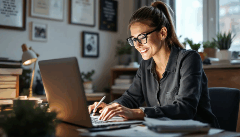 Business Bank Accounts No ChexSystems Verification - A small business owner is sitting at a desk, engaged in online banking to manage their business checking account. The screen displays various options for direct deposits and debit card transactions, highlighting the ease of accessing banking services for business funds.