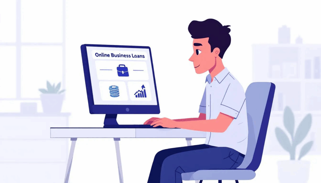 Online Business Loans - A small business owner is focused on researching online business loans, viewing a computer screen that features icons representing a briefcase for business, a stack of cash for loans, and an upward arrow symbolizing growth, with the title "Online Business Loans" prominently displayed at the top. This image highlights the importance of understanding financing options, such as unsecured loans and flexible terms, for small business owners seeking to improve their cash flow and operational capabilities.