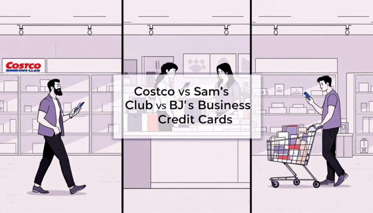 Costco vs Sam's Club vs BJ's Business Credit Cards - In the image, three panels depict a small business owner engaging with a wholesale club store; the first shows them shopping, the second at the checkout paying with a credit card, and the third exiting with a cart full of supplies. A transparent overlay in the center features the title “Costco vs Sam’s Club vs BJ’s Business Credit Cards,” highlighting the importance of business credit options for small businesses.