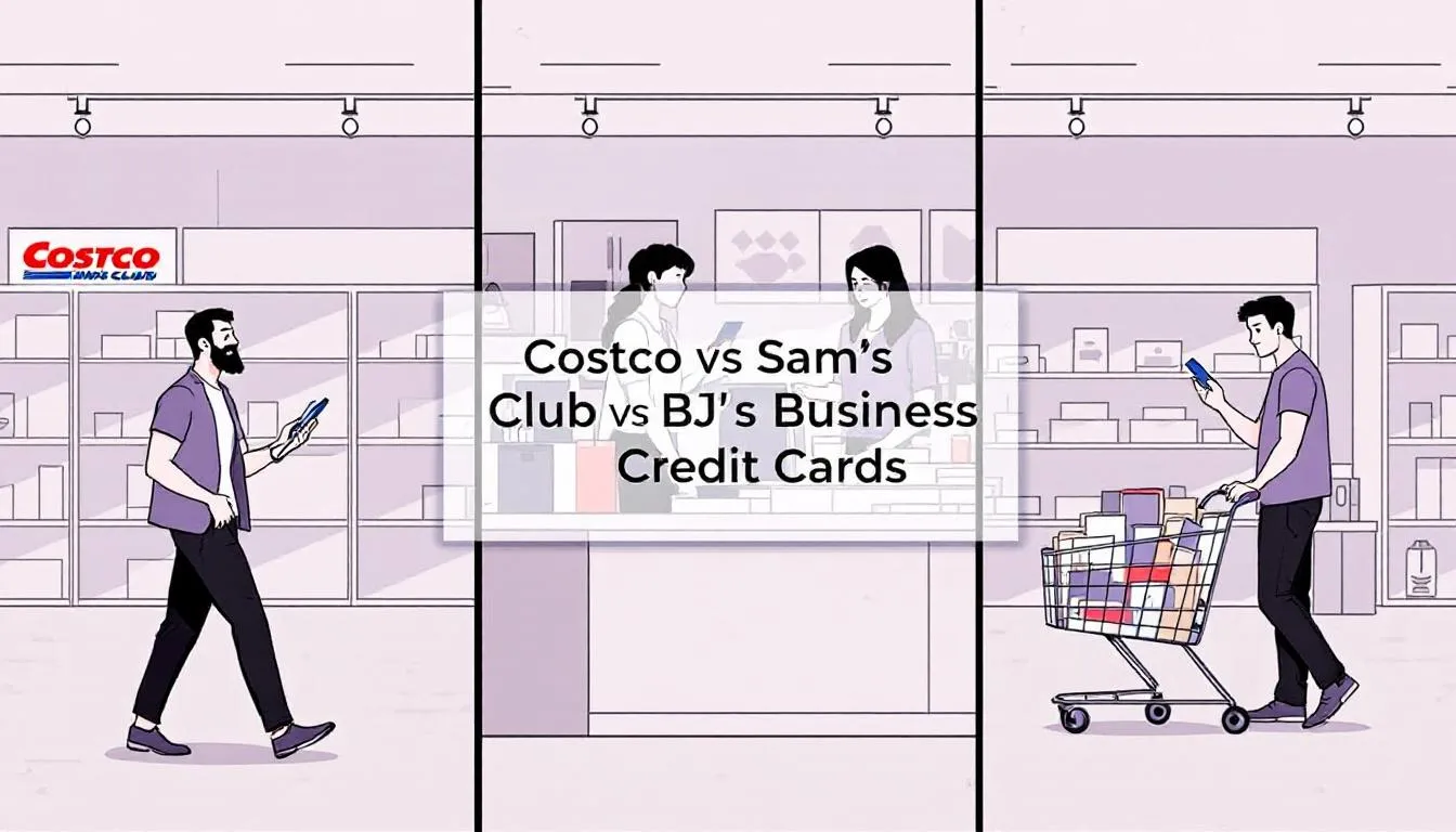 Costco vs Sam's Club vs BJ's Business Credit Cards - In the image, three panels depict a small business owner engaging with a wholesale club store; the first shows them shopping, the second at the checkout paying with a credit card, and the third exiting with a cart full of supplies. A transparent overlay in the center features the title “Costco vs Sam’s Club vs BJ’s Business Credit Cards,” highlighting the importance of business credit options for small businesses.